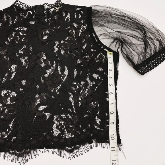 Peach Puffy Sleeve Sheer Allover Lace Cropped Blouse Top - Picture 10 of 13